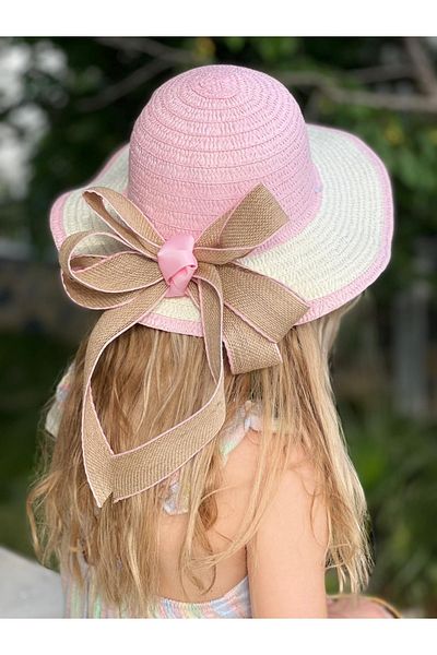 QUEEN AKSESUAR Luxury Straw Butterfly Bow Fancy Pink Straw Hat Girl's Hat