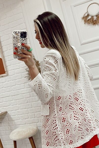 CNG MODA Kadın Güpürlü Ekru Blazer Yazlık Ceket