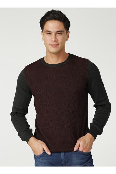 LİMON COMPANY Limon Tesco Bisiklet Yaka Standart Kalıp Baklava Desenli Antras...