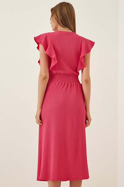 Happiness İstanbul Strukturiertes Strickkleid mit Volant in Rosa für Damen CI00025