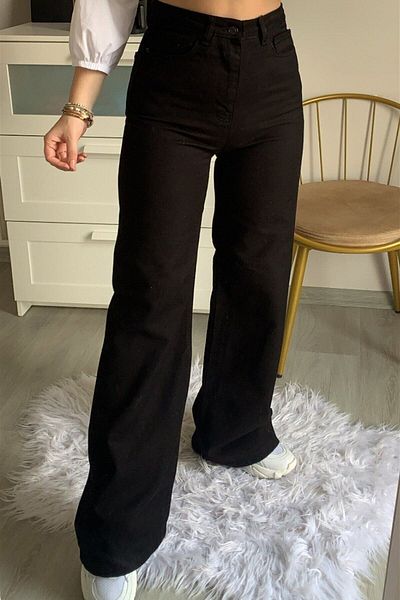 Livik Blugi de damă Khaleesi, negri, cu talie înaltă, cu picioare largi, din denim