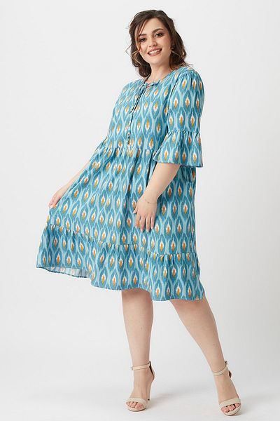 Moda Alba Turquoise Patterned Ruffle Plus Size Dress