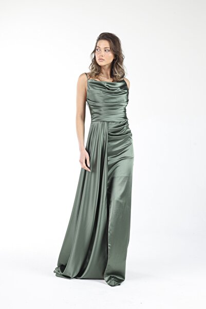 ALİS DRESS Yırtmaçlı Degaje Yaka Ip Askılı Saten Haki Yeşil Abiye