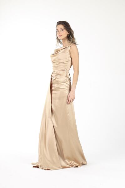 ALİS DRESS Yırtmaçlı Degaje Yaka Ip Askılı Saten Koyu Bej Abiye