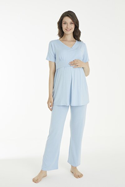Miss Dünya Lissa Mavi Çizgi Desenli Lohusa Ve Hamile Pijama Takım