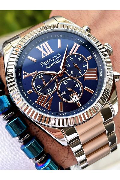 Ferrucci Rose Gold Silver Navy Blue Dial Functions Active Men's Wristwatch