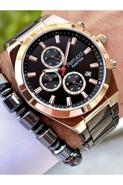 Ferrucci Black Color Rose Gold Case Functions Active Steel Strap Men's Wristwatch + Bracelet Gift