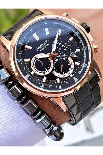 Ferrucci Black Rose Gold Color Steel Cord Functional Men's Wristwatch Bracelet