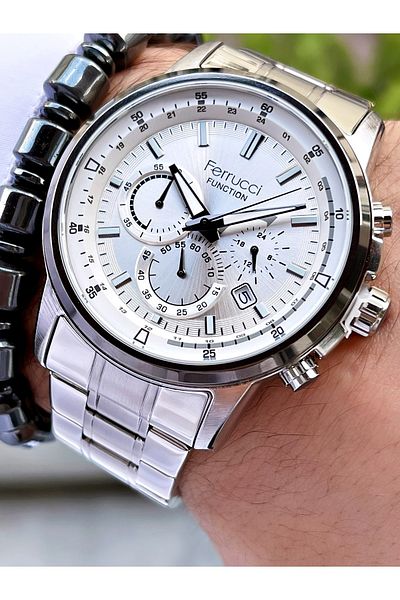 Ferrucci Silver Color Silver Dial Steel Strap Functional Men's Wristwatch + Bracelet Gift