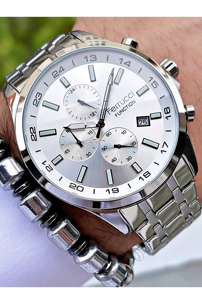 Ferrucci Silver Color Silver Dial Domed Glass Function Men's Wristwatch + Bracelet Gift