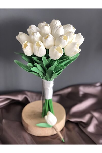 Luvienn Yeni Sezon Beyaz Islak Lale Gelin Buketi-damat Yaka Çiçeği 2li Set-ge...