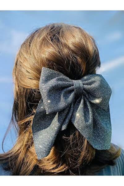 TOKALİLYA Kadın Saten Fiyonk Abiye Gümüş Pırıltılı Klips Toka