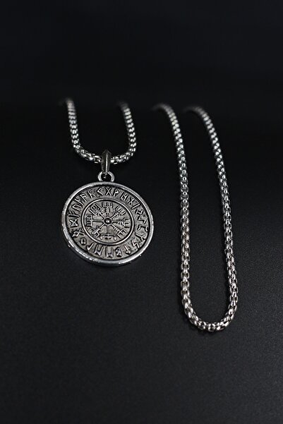 Dukkanka Viking Pusulası Madalyon Örme Zincir Kolye