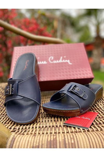 Pierre Cardin Navy Blue Leather Full Orthopedic Sole Women's Daily Slippers