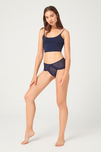 Cottonhill Women's Navy Blue Line Ruched Stone Detailed Hipster Panties