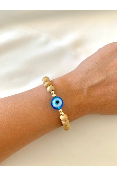 Atelier Çağla Wooden Bamboo Bracelet with Glass Evil Eye Beads