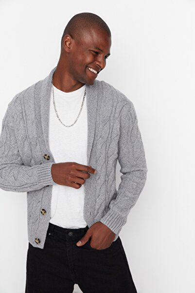Trendyol Collection Grauer Slim-Fit-Strick-Cardigan aus Wolle mit Schalkragen TMNAW20HI0028