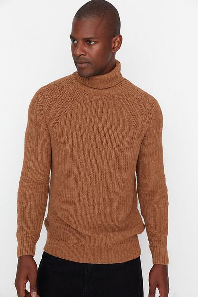 Trendyol Collection Kamelfarbener Slim-Fit-Basic-Strickpullover – Rollkragenpullover, Raglanärmel TMNAW21KZ0404