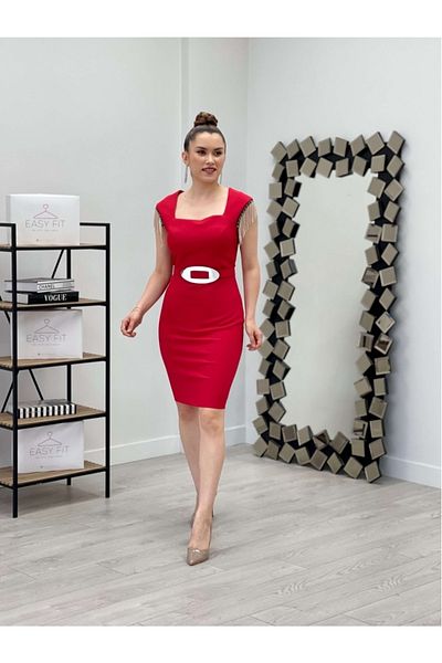 giyimmasalı Atlas Fabric Square Collar Shoulder Jewelled Tassel Dress - Red