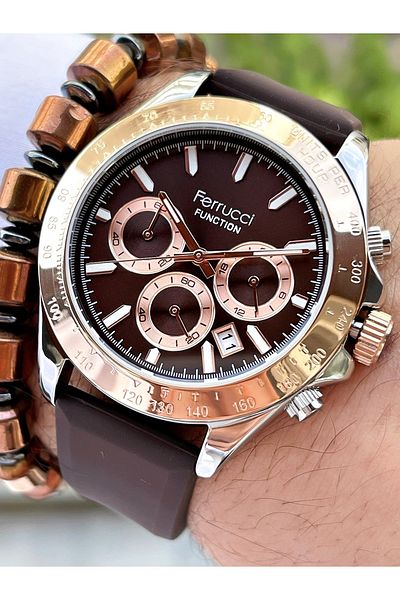 Ferrucci Brown Silicone Band Functional Men's Watch + Bracelet