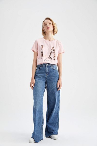 DeFacto Μπλουζάκι Regular Fit Crew με στάμπα με κοντό μανίκι 100% βαμβάκι