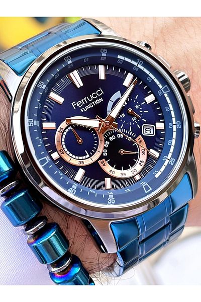 Ferrucci Navy Blue Color Black Case Steel Strap Functional Men's Wristwatch + Bracelet Gift