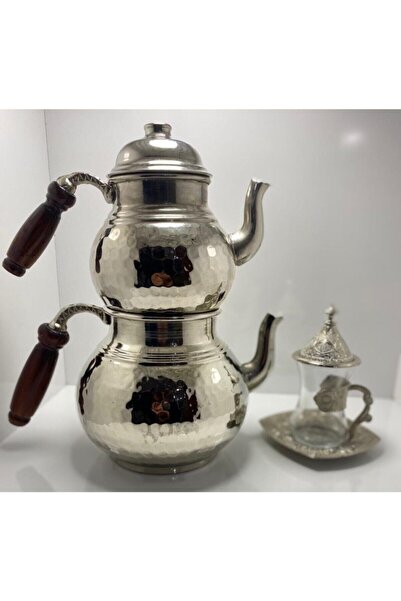 Genel Markalar Döküm Bakır Büyük Boy Dövmeli Çaydanlık Gümüş