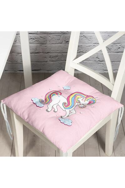 Nish & Royal Pembe Zeminde Unicorn Motifli Özel Tasarımlı Dijital Baskılı Çocuk Odası Pofidik Sandalye Minderi