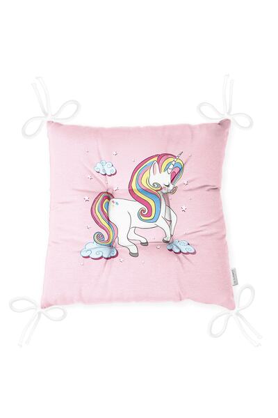 Nish & Royal Pembe Zeminde Unicorn Motifli Özel Tasarımlı Dijital Baskılı Çocuk Odası Pofidik Sandalye Minderi