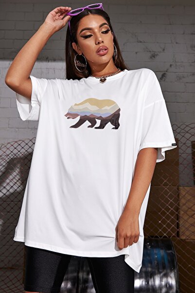 Pasage Sc Plus Oversize Colorful Bear Printed White Tshirt