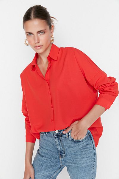 Trendyol Collection Oversize Red Cotton Shirt - Wide Fit, Woven, TWOSS22GO0669