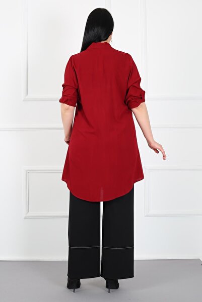 By Alba Collection Women's Burgundy Leopard Pocket Cotton Viscose Large Size Tunic