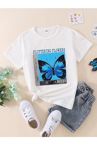 LePold Tricou pentru fetiță cu imprimeu fluture albastru mare