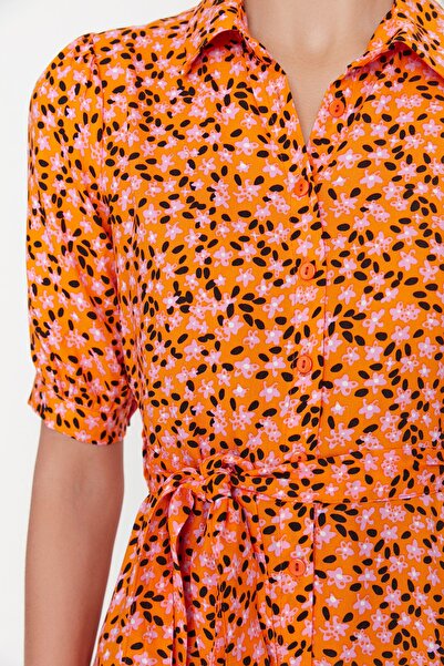 Trendyol Collection Orange Floral Pattern Belted Midi Woven Viscose Shirt Dress TWOSS20EL1559