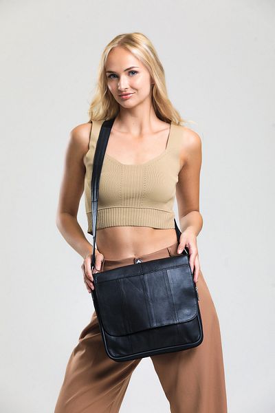 fubileather Geantă de umăr încrucișată cu mai multe compartimente, cu capac din piele naturală, 29x27 cm
