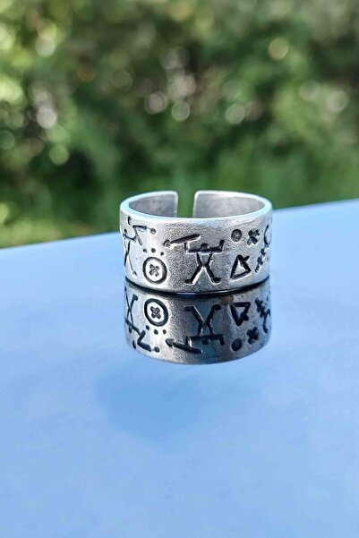 TREND COLLECTİON Ilk Insan Çivi Yazısı Motif Gümüş Kaplama Ayarlanabilir Yüzük