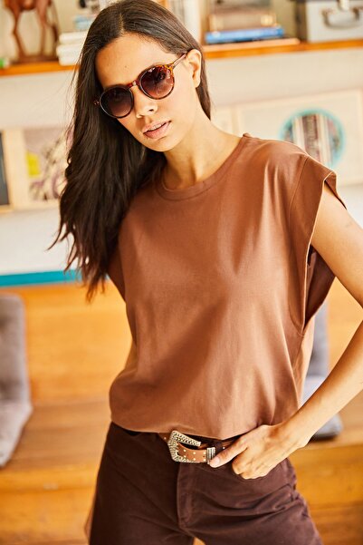 Olalook Γυναικείο κοντομάνικο μπλουζάκι, κεραμιδί καφέ, μανίκι νυχτερίδα TSH-19000330