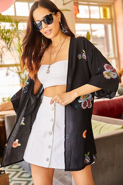 Olalook Schwarzer kleiner Schalrock für Damen Watery Kimono KMN-00000016