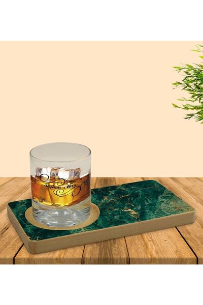 Bk Gift Kişiye Özel Mermer Tasarımlı Doğal Ahşap Tabaklı Viski Bardağı Sunum ...