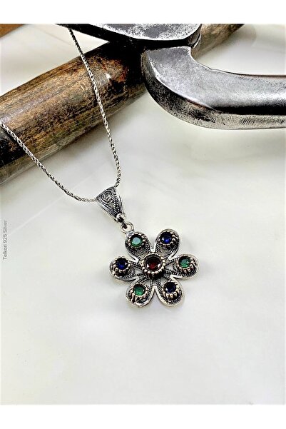 Doğan Silver Telkari Işlemeli Mix Taşlı Tasarım Gümüş Kolye 21412