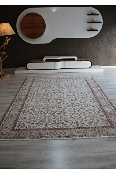 Just Arte Vintage Eskitilmiş Türk El Halısı Krem Kahve Salon Halısı Vintege K...