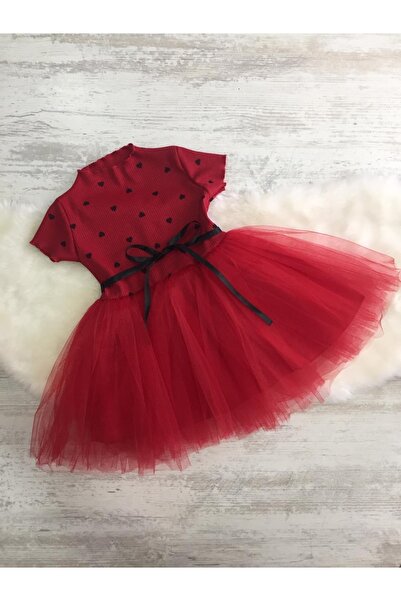 LittleHappiness70 فستان بناتي لون أحمر مع قلب