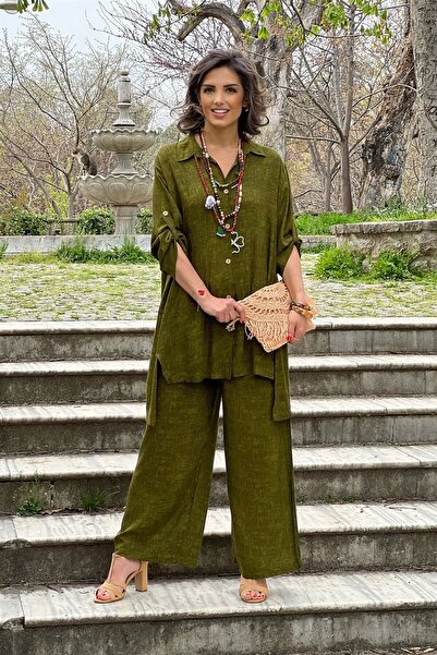 Nevin Kaya Moda Σετ Παντελόνι και Τουνίκ Oil Green Palazzo - Καλοκαιρινό 100%...