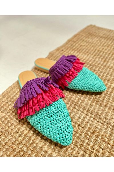 Afilli Pantofi de vară pentru femei, turcoaz, roz, violet, colorați, cu paie, zilnic, cu vârf în față