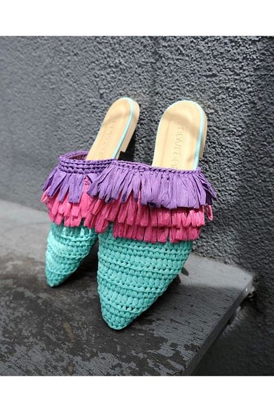 Afilli Pantofi de vară pentru femei, turcoaz, roz, violet, colorați, cu paie, zilnic, cu vârf în față