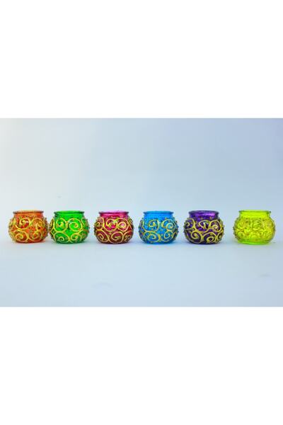 DOĞA HEDİYELİK HOME Cam Mumluk Tealight Vitray Desen 6cm Çap 5cm Yükseklik,6 Adet