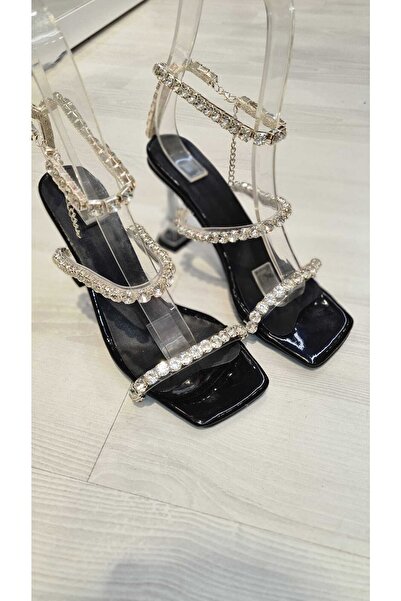 shopcolic 545 3 Sıra Su Yolu Taşlı Şeffaf Topuk Kadın Ayakab