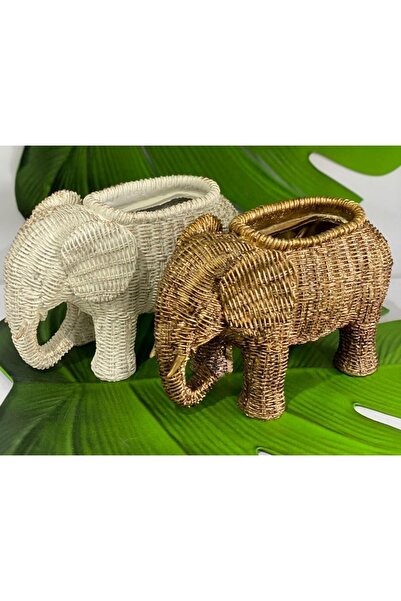 MorzaPazarı Polyester Dekoratif Hasır Fil Biblo Vazo (23x14.5cm) Beyaz