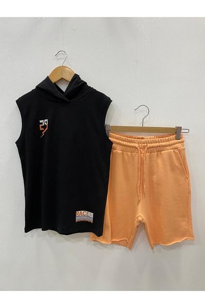 Çikoby Boy's Black Hooded T-Shirt Shorts Set