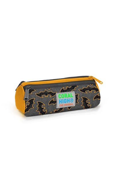 Coral High 22021 Three Compartment Bat Patterned Pencil Bag Grey-black